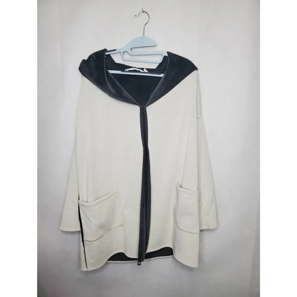 Soft Surroundings Hooded Velour Lagenlook Cream and Grey Cardigan Blanket Jacket